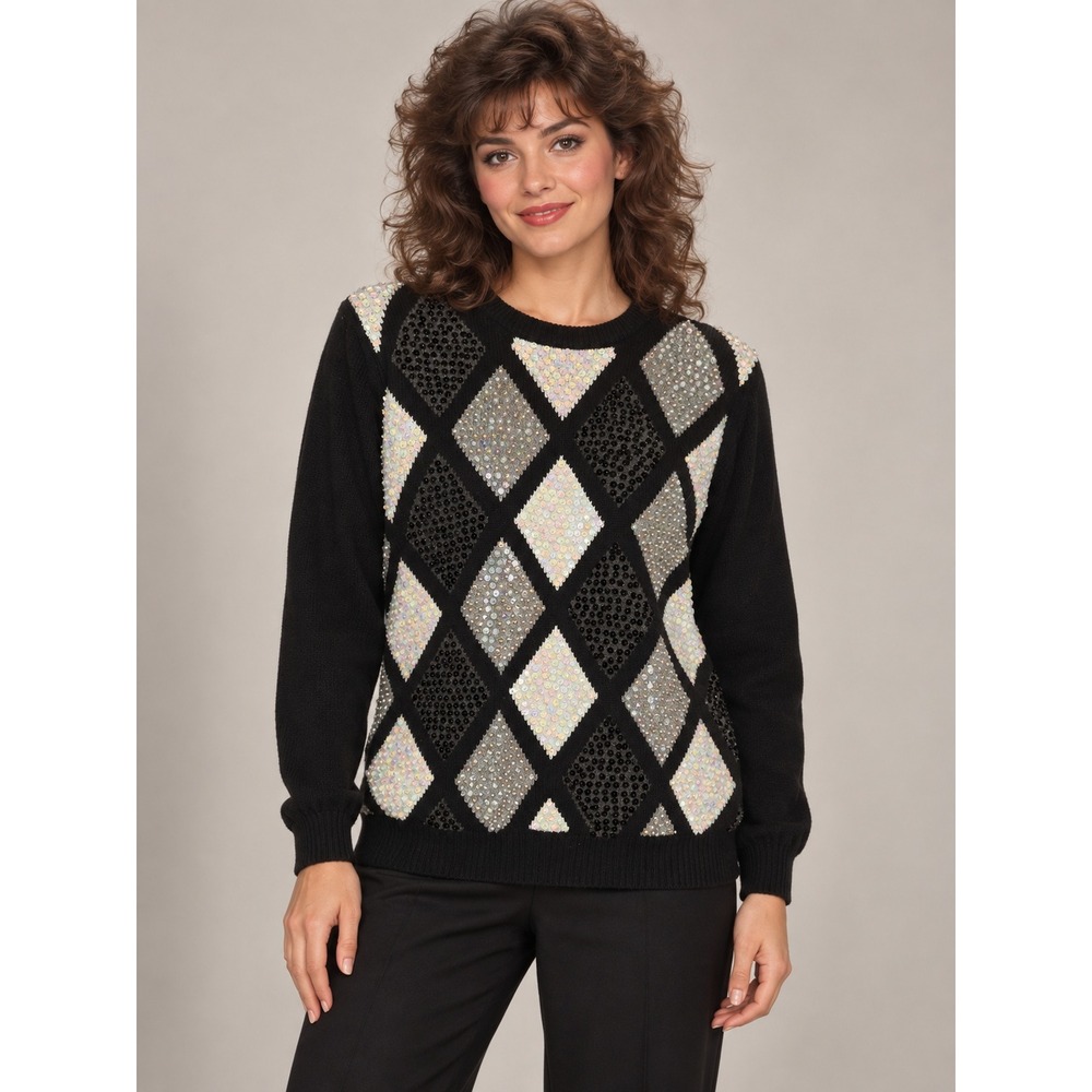 Alfred Dunner Argyle Sequin Pullover Sweater Womens S Black Retro Holiday